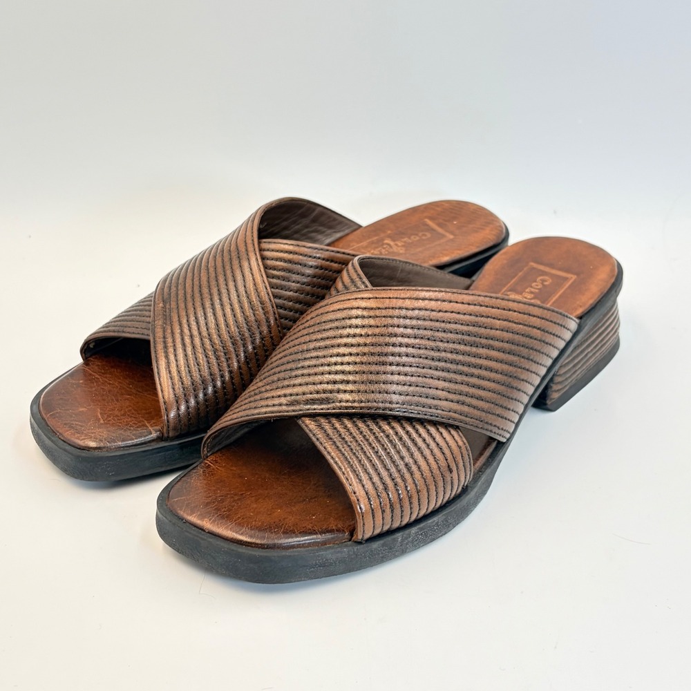 Cole Haan Country Brown Leather Crisscross Slide Block Heel Sandals Womens 6.5B